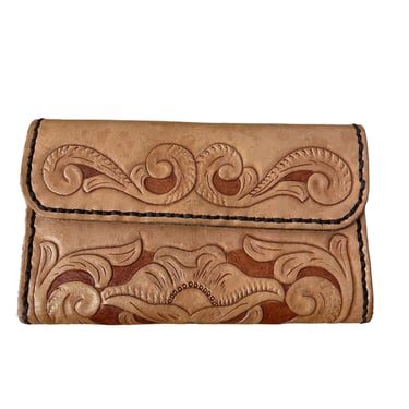Vintage Hand Tooled Brown Tan Leather Floral Kiss Lock Western Boho Wallet 