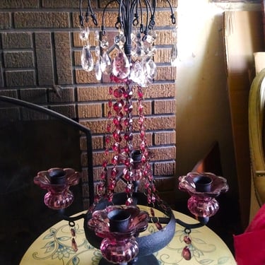 VINTAGE Wrought Iron Candelabra, Purple Glass Crystals, Boho Decor, Home Decor 