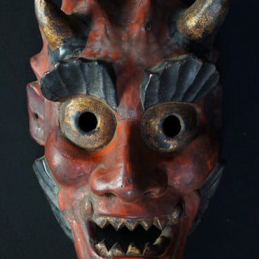 Japan fish demon mask 1900 hand craft wood carving rural Noh  Kyogen art craft 