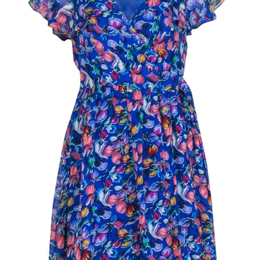 Moulinette Soeurs - Blue Floral Print Short Sleeve Wrap Dress Sz XS