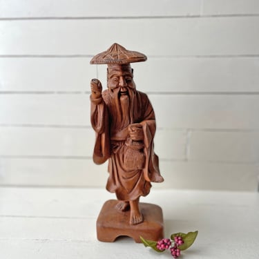 Vintage Hand Carved God of Longevity Sculpture, Asian Religious Sculpture // Religious Decor Wood // Perfect Gift 