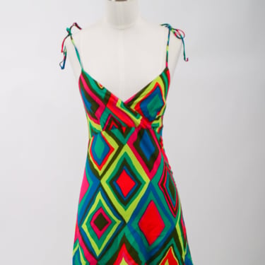 1960s Bright Day-Glow Spaghetti Strap Mini Hawaiian Dress