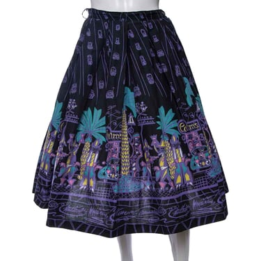 1950's Black and Multicolor Rare Saul Steinberg Graphic Printed Tiki Skirt Size S