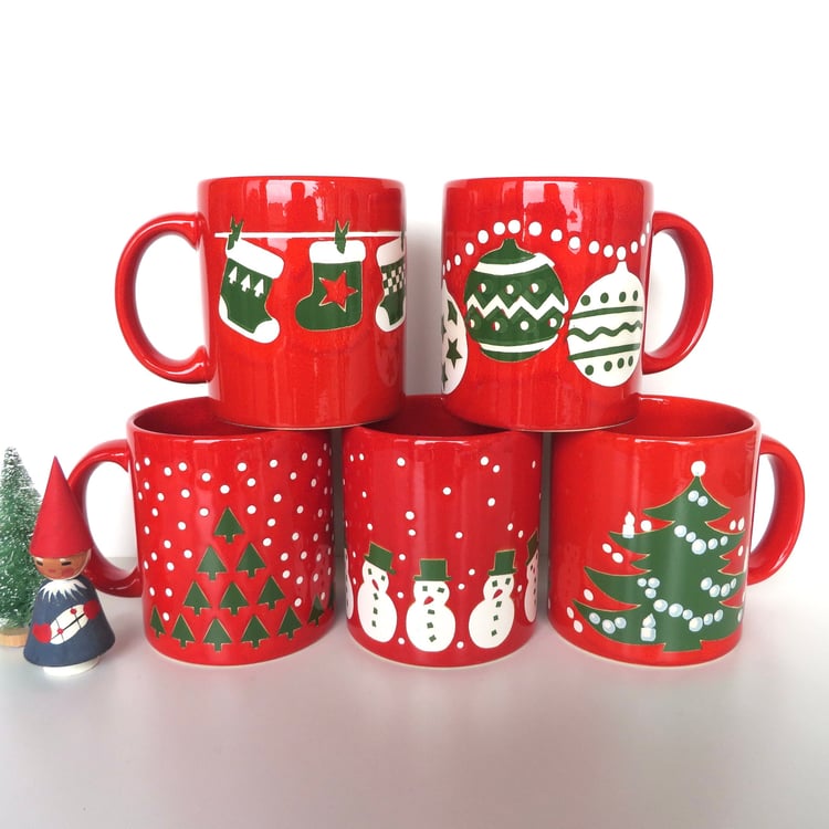 1980s Vintage German Waechtersbach Boho Chic Christmas Tree Coffee Mugs - A Pair