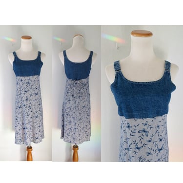 90s Summer Dress - Vintage Denim & Butterfly Print Rayon Sundress - Size XS Small 