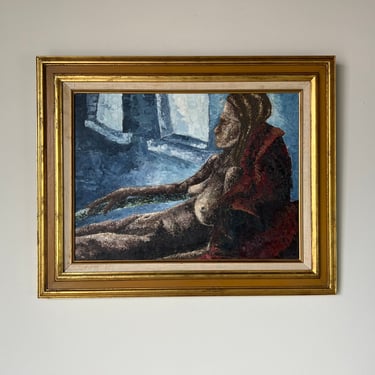 60's Vintage Grey Reclining Nude Woman Oil Painting, Framed 