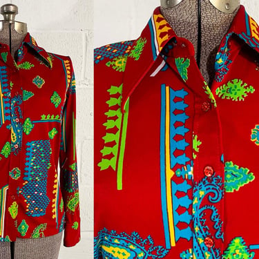 Vintage Lerner Shops Shirt Top Red Blue Green Long Sleeve Shirt Blouse Abstract Floral Paisley Mod Minx TV Movie Costume Medium 1970s 