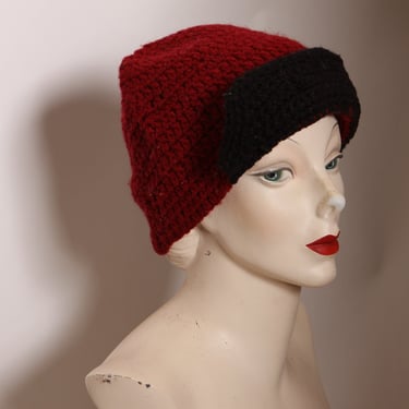 1970s Dark Red and Black Flip Up Bill Handmade Crochet Winter Stocking Cap Hat 