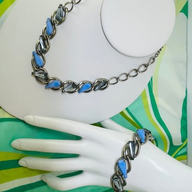 Silver Chain with Clear and Opaque Blue Stones Necklace and Bracelet Set