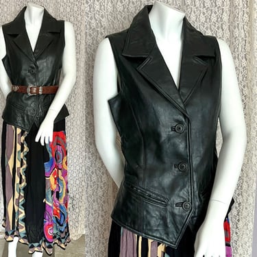 Vintage 90s Black Leather Vest, Button Down, Sleeveless Top, Peter Pan Collar, Size S 