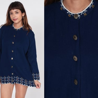 Navy Blue Cardigan 70s Button Up Knit Sweater Scalloped Geometric Retro Plain Grandma Sweater Preppy Bohemian Vintage 1970s Extra Large xl 