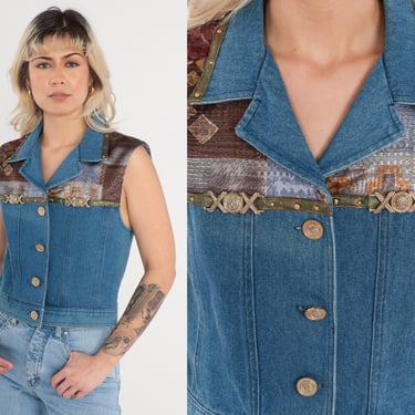 Cropped Denim Vest 90s Southwestern Tapestry Button up Blue Jean Shirt Studded Gold XOX Lion Sleeveless Jacket Crop Top Vintage 1990s Small 