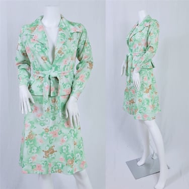1970's Mint Green Poly Floral 2 Pc Skirt Jacket I Blazer I Suit I Set I Sz Sm 