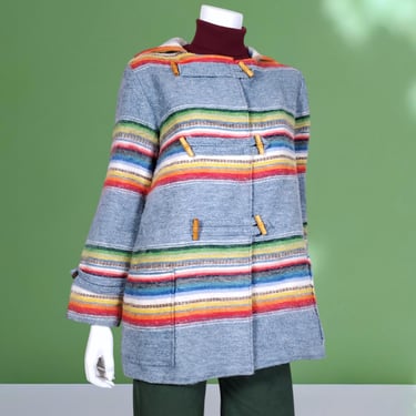 Vintage hooded mod jacket vintage 1960s 70s woven synthetic Icelandic wool gradient rainbow stripes wooden toggle buttons hippie (S) 