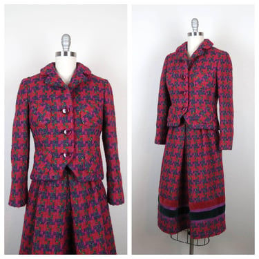Vintage 1970s boucle wool skirt suit 2 piece houndstooth colorful power suit 