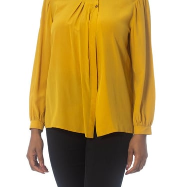 1970S Yellow Ochre Silk Pleated Front Blouse Made In Italy With Hand Finishing 