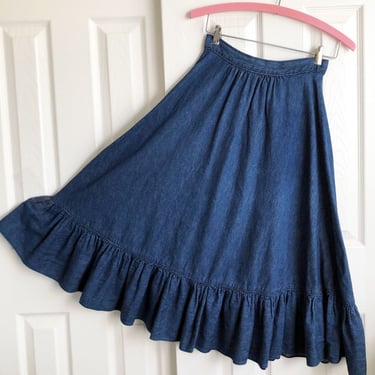 Vintage Denim Blue Jean FULL SKIRT, 1970's, Ruffle Flounce Western, Size 5/6, 1980's Hippie Boho Peasant Denim Dress Spiegel 