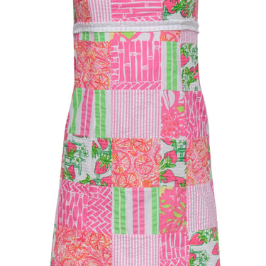 Lilly Pulitzer - Pink &amp; Green Mixed Fruit Patchwork Cotton Strapless Dress Sz 2