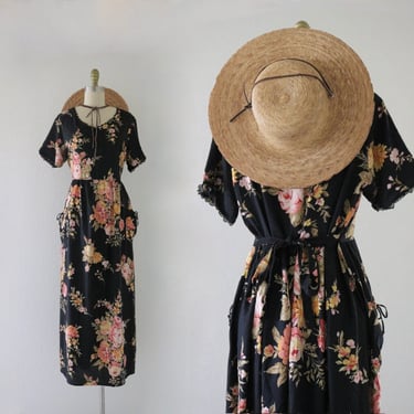 tie back black botanical dress - m - vintage womens y2k 90s dark floral size medium long maxi dress 