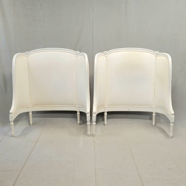 Pair of Antique French Curved Twin Headboards With Ivory Sateen Upholstery