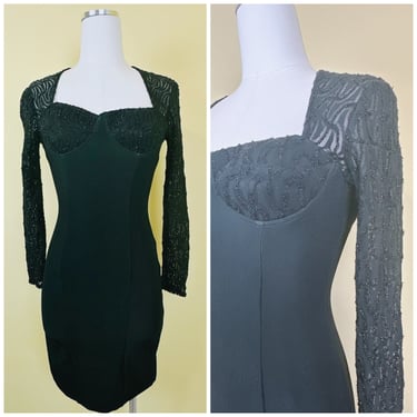 1990s Vintage Zum Zum Stretch Lace Mini Dress / 90s Sparkle Black Body Con Bustier Dress / XS -Small 