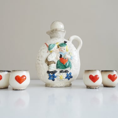 Goebel ceramic carafe with mug - liquor bottle decanter - ceramic mug - Goebel figures motif 