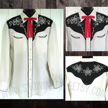 Karman Vintage Western Men's Cowboy, Rodeo Shirt, White with Black Yokes, Embroidered White Flowers, 16-34, Approx. Large (see meas. photo) 