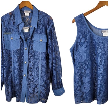 Vintage 80s Denim Lace Jacket Top Twin set Tank Top size Large Blue Jeans Granny 