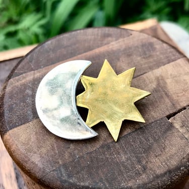 Vintage Sterling Brooch Moon Star Laton Mexico Two Tone Brass Silver Celestial Jewelry 1970s 
