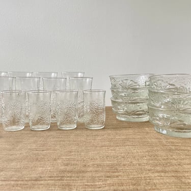 Vintage Anchor Hocking Clear Spring Song Glasses and Bowls - Daisy Tumblers - Sold in Sets 