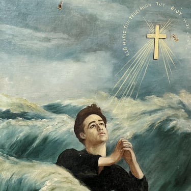 1940s Outsider Art Painting of Man Praying in the Middle of the Sea - “Inside the Iris of My Life” - Unusual Folk Art Paintings in Greek 