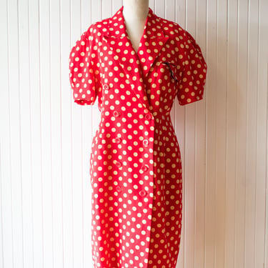 Vintage 1980s Nipon Boutique Red Polka Dot Dress L