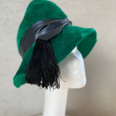 Vintage forest green faux fur felt bucket hat size 21.5” Sears Fashion Millinery 