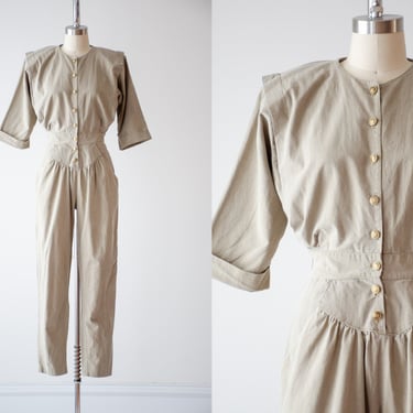 beige jumpsuit | 80s vintage Byer Too greige brown cotton fitted jumpsuit coveralls 