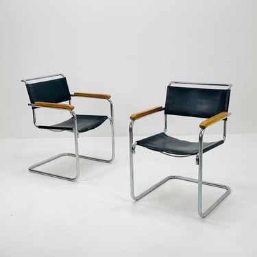 set of 2 Bauhaus black leather iconic armchairs by mart Stam for Thonet 1980s 