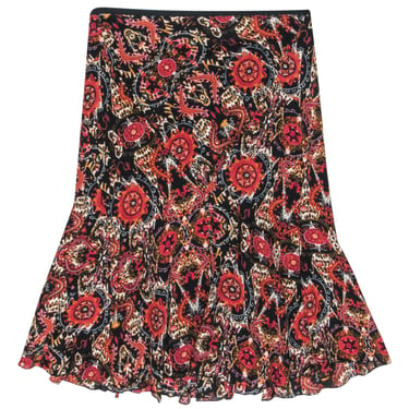 Diane von Furstenberg - Black, Red & Orange Bohemian Print Silk Midi Skirt Sz 8