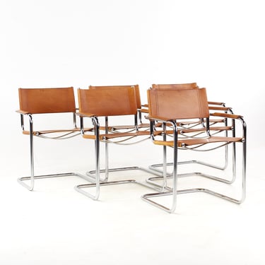 Mies Van Der Rohe Style Mid Century Leather and Chrome Cantilever Dining Chairs - Set of 6 - mcm 