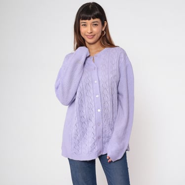 Vintage Lavender Pointelle Cardigan 80s Button up Knit Sweater Open Weave Cutout Boho Pastel Grandma Cut Out Acrylic 1980s Extra Large xl 