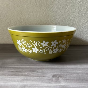 Vintage Spring Blossom Green Pyrex White Milk Glass Mixing Bowl, #403, Crazy Daisy Pyrex, Vintage Kitchen 