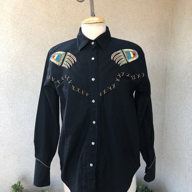 Vintage black cotton rodeo western shirt blouse beaded pad shoulders Southwest Canyon 1994 sz Small 