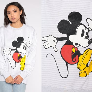 Mickey Mouse Sweatshirt 90s Striped Disney Sweater Disneyland Grey Kawaii Shirt Cartoon Crewneck Vintage Retro 1990s Small Medium Large SML 