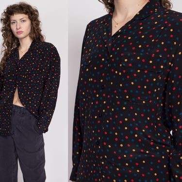 M| 80s Black Polka Dot Silk Blouse - Medium | Vintage Chaus Long Sleeve Button Up Collared Shirt 