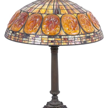 Tiffany Studios Style Slag Glass Bronze Table Lamp