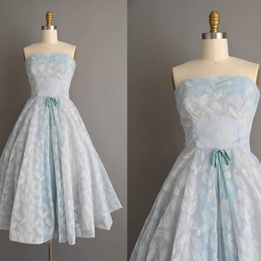 vintage 1950s Dress | Gorgeous Strapless Party Prom Flocked Full Skirt Dress | Small 