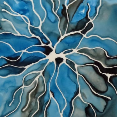 Retinal Neuron in Blue and Black - original ink painting of ganglia- neuroscience art 