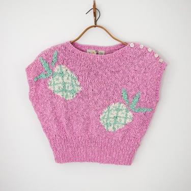Vintage 1980s Pineapple Knit Top | S/M | 80s Liz Claiborne Pink Cotton Knitted Blouse 
