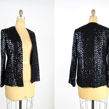 80s Black Beaded Jacket / Sequin Jacket / Black Party Blazer / Size S/M 