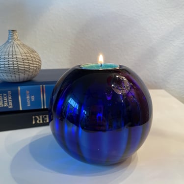 Dept 56 Hand Blown Blue Optic Mercury Glass Candle Holder 