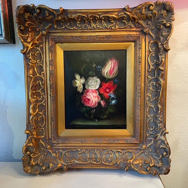 Original Oil Floral Bouquet Painting on canvas | Gold Gilt Carved Wood Frames Fllowers Oil Painting | Vintage Oil Painting Signed 