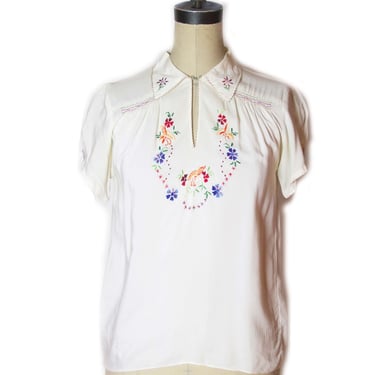 1940s Blouse ~ White Hungarian Style Embroidered Rayon Blouse with Collar 